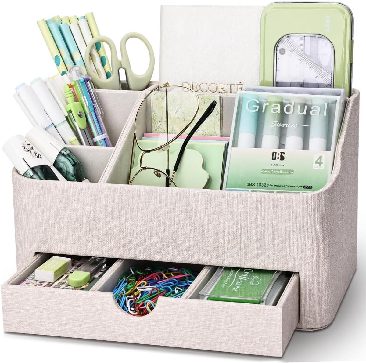 Multifunctionele Leren Bureau Organizer met Laden voor een Opgeruimd Werkplek (Beige)