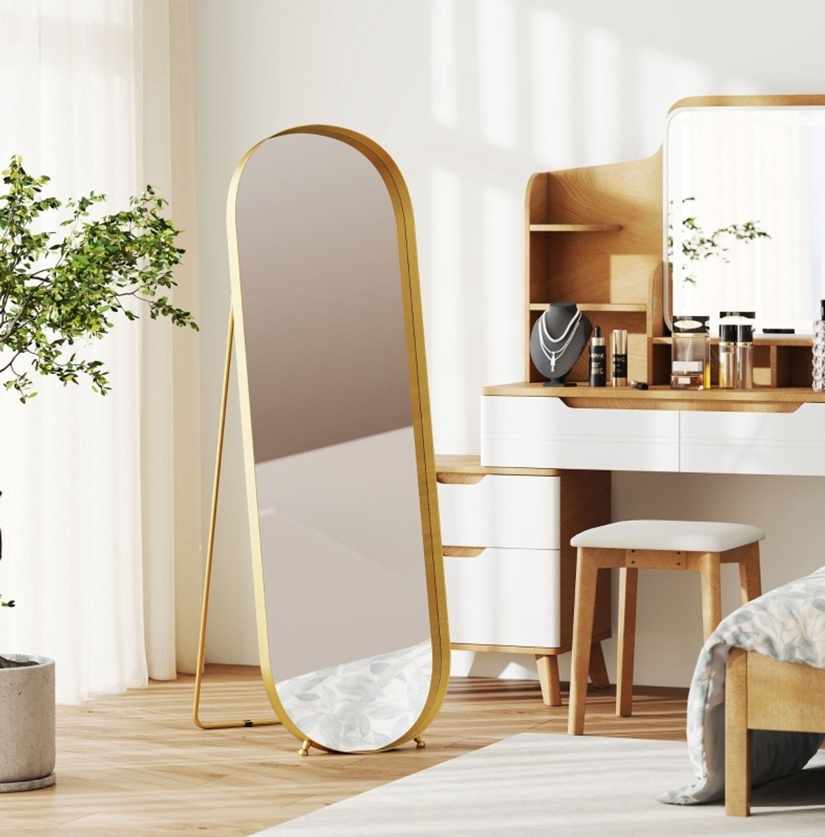 MEUNIQ staande spiegel 160 x 50 cm met goudkleurig metalen frame, kantelbare passpiegel om