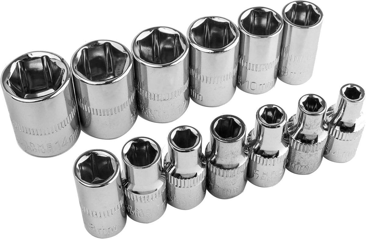 Complete 1/4" Dopsleutelset 4-14mm, 13-delige Set met 6-Punts Korte Doppen, Ideaal voor Auto- en Mechanische Reparaties, Gemaakt van Chroom Vanadium Staal