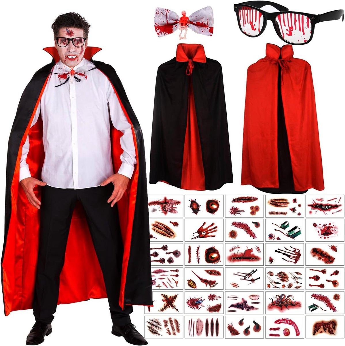 Zwarte en Rode Dubbelzijdige Vampiercape van 150 cm met 30 Tijdelijke Tatoeages, Halloween Kostuum voor Volwassenen, Strik en Bloedbril