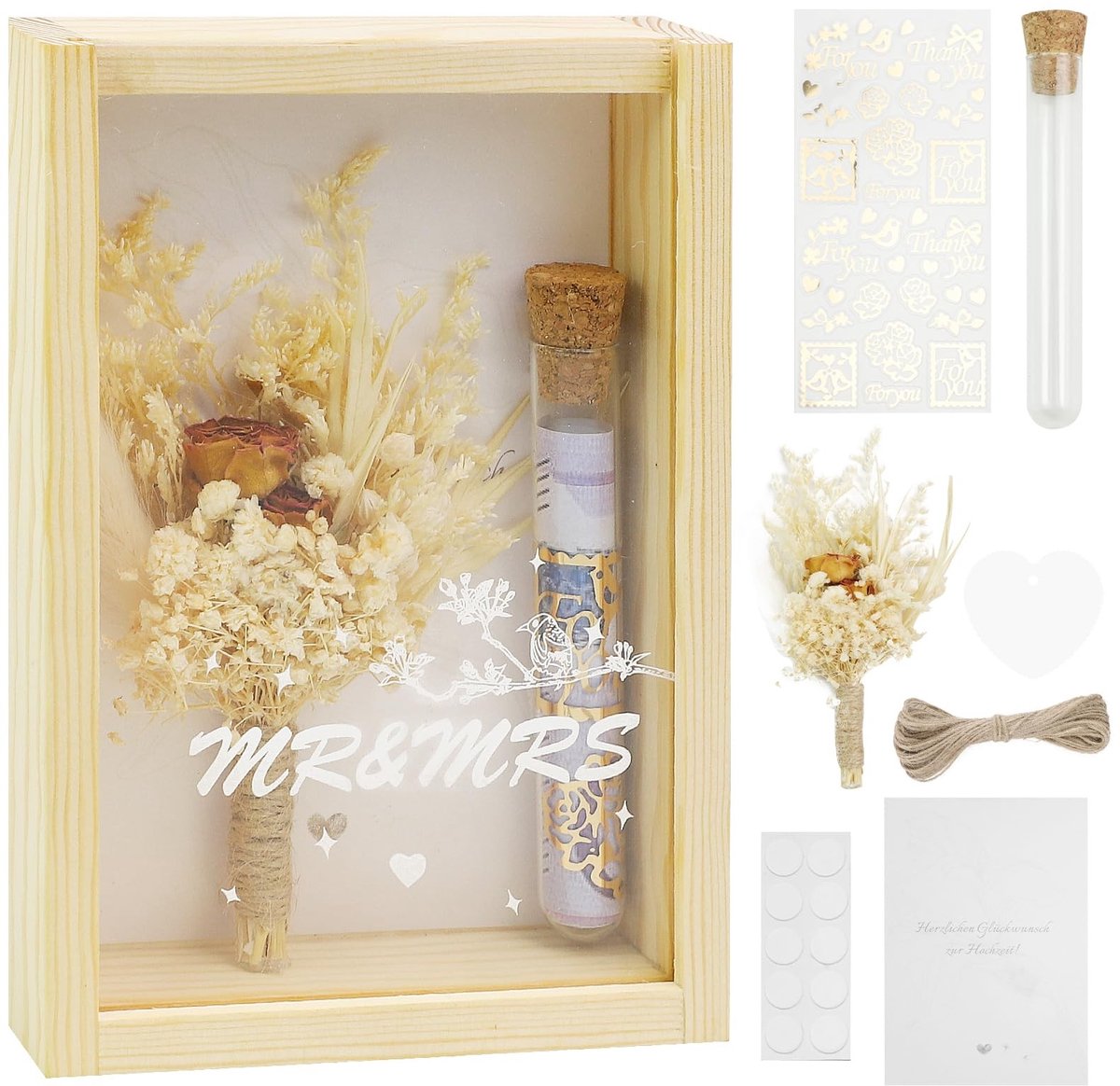 Inovra- Huwelijksgeschenk Uniek - Houten Doos - Droogbloemen - Reageerbuis - Wenskaart - Henneptouw - Creatief Cadeau