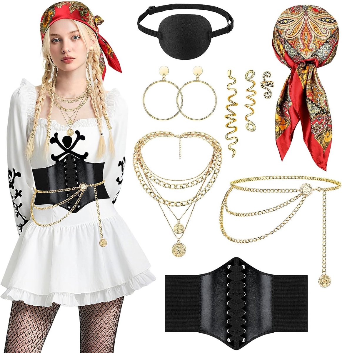 Carnaval Kostuum Vrouw 7 Delige Middeleeuwse Piraten Outfit Accessoires Hoofddoek, Ketting, Tailleband, Heupketting, Oorbellen, Haarjuweel en Ooglap voor Cosplay en Feestelijkheden