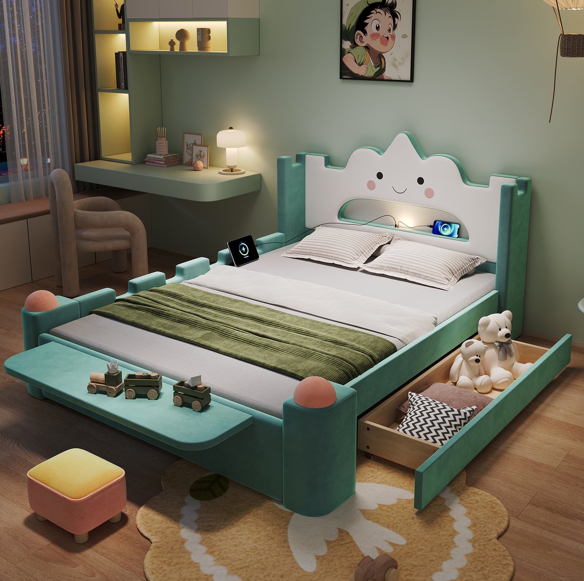 FloraGrace Kinder Polsterbed 140x200 cm - Met LED Leeslamp En USB-Aansluiting - Met Opberglade En Opklapbare Plank - Met Valbeveiliging - Stof - Blauwgroen - Zonder matras