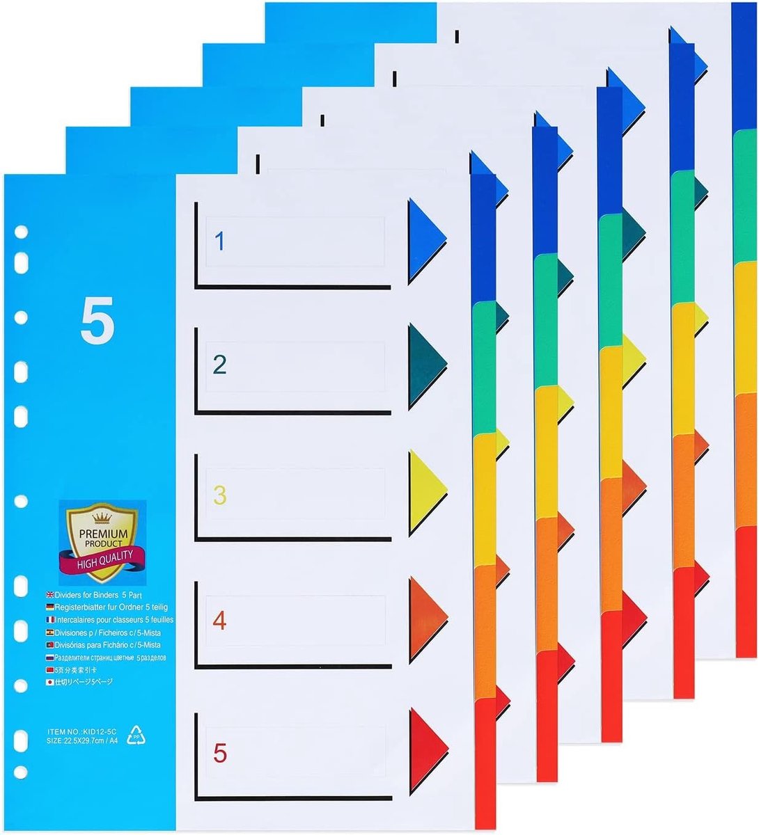 Set van 5 A4 Documenten Scheidingsbladen met Genummerde Index 1-5 en Gekleurde Tabs voor Thuis en Kantoor