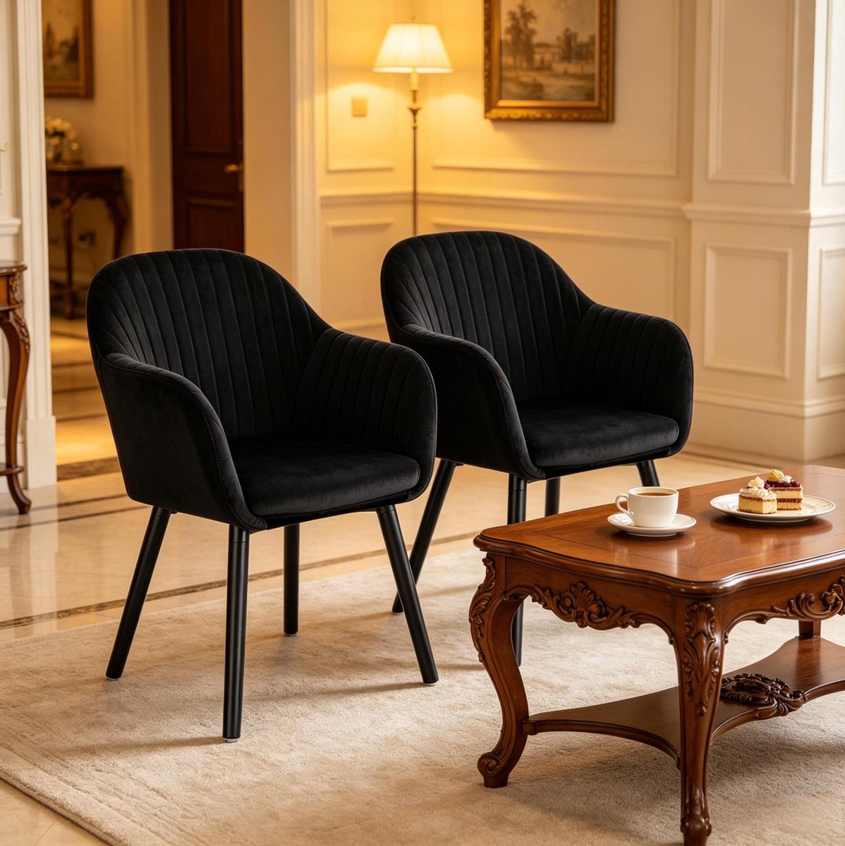 MIVRAY Eetkamerstoel - Set Van 2 Met Armleuningen En Gestreepte Rugleuning - Voor Eetkamer En Woonkamer - Velvet Zwart