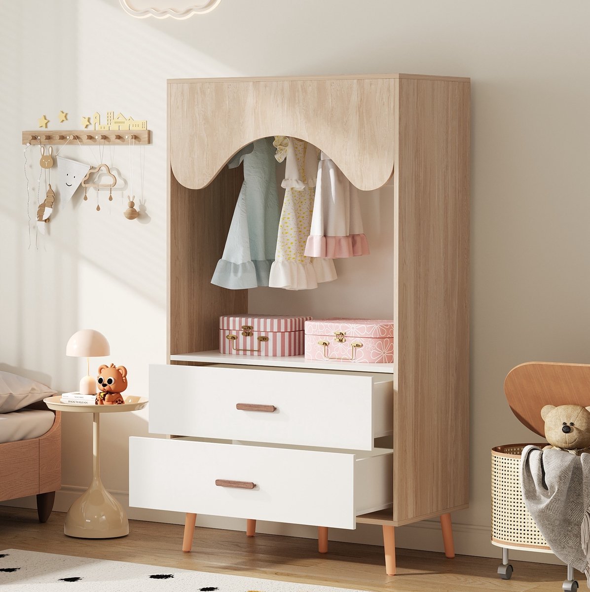FloraGrace Kinderkledingkast - Open Kast Met Kledingroede En 2 Lades - Voor Kinderkamer En Slaapkamer - Wit En Natuurlijk Hout - 80x46x141,5 Cm