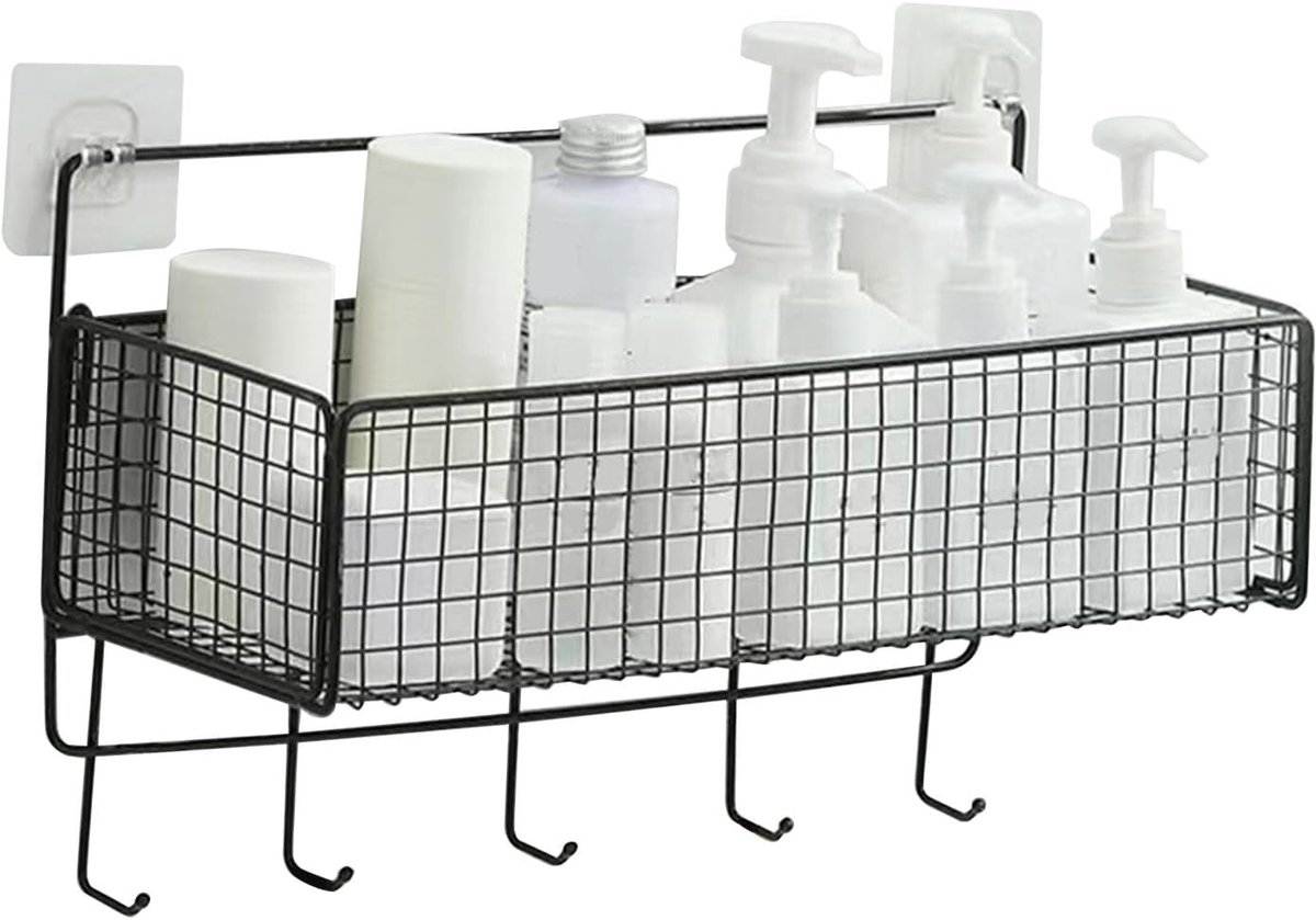 Muurbeugel Opbergmand voor Badkamer, Eenvoudig te Installeren, Multifunctioneel en Draagbaar met Haak voor Keuken en Toilet (Zwart)