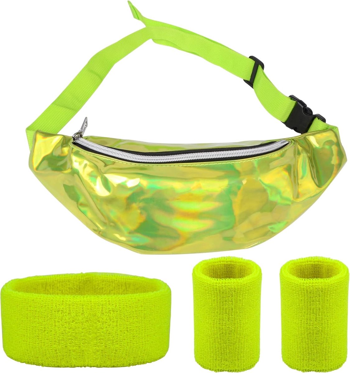 Heerlijke groene PU leren heuptas, waterdicht en verstelbaar, perfect voor feesten, carnaval en retro kostuums met fluorescerende kleuren, armbanden en haarbanden.