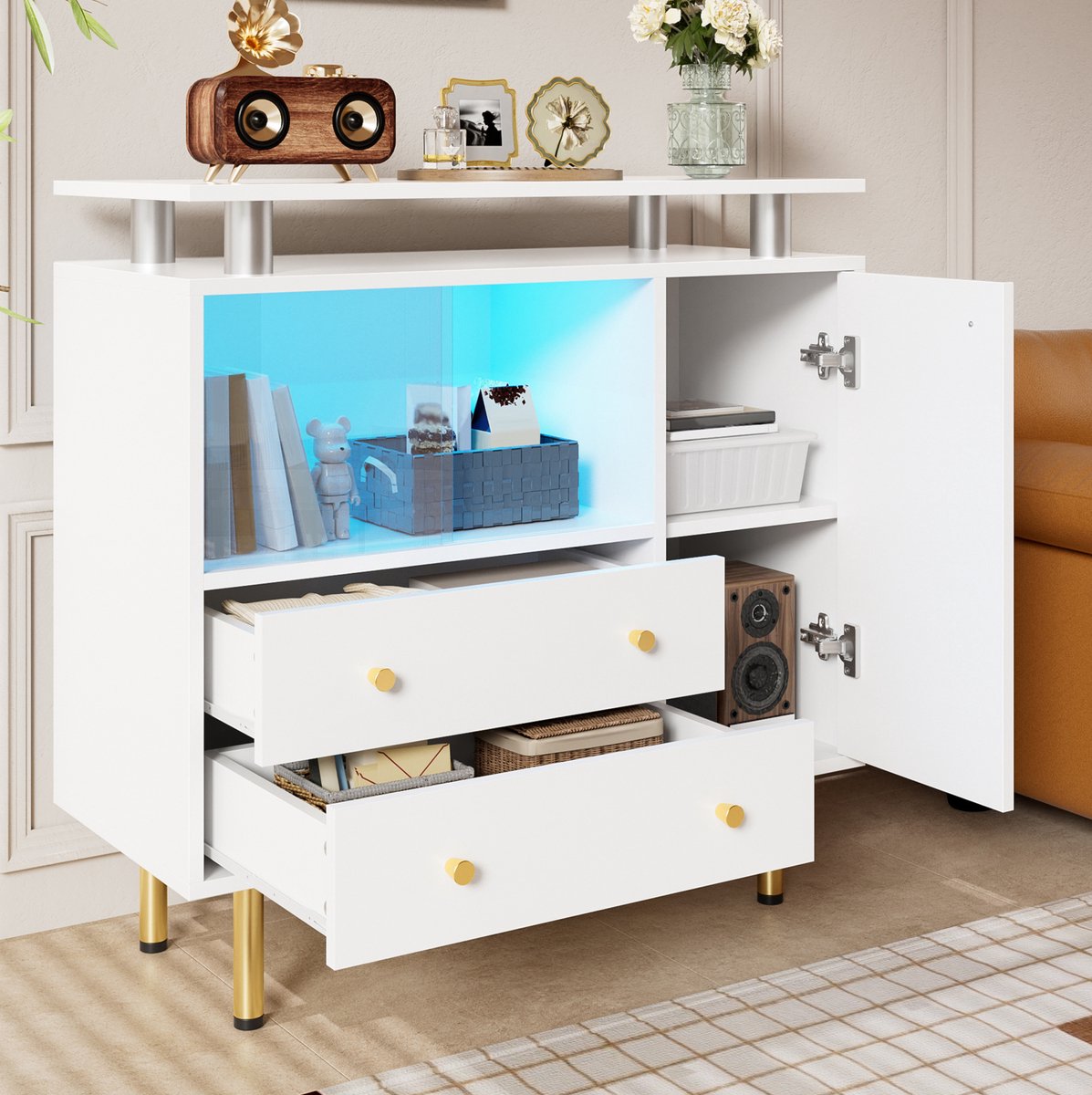 Wishdor - Dressoir - LED-verlichting - 2 glasdeuren, 2 lades en 1 deur - modern - voor woonkamer of hal - houtlook en glas - wit - 80 x 35 x 80 cm