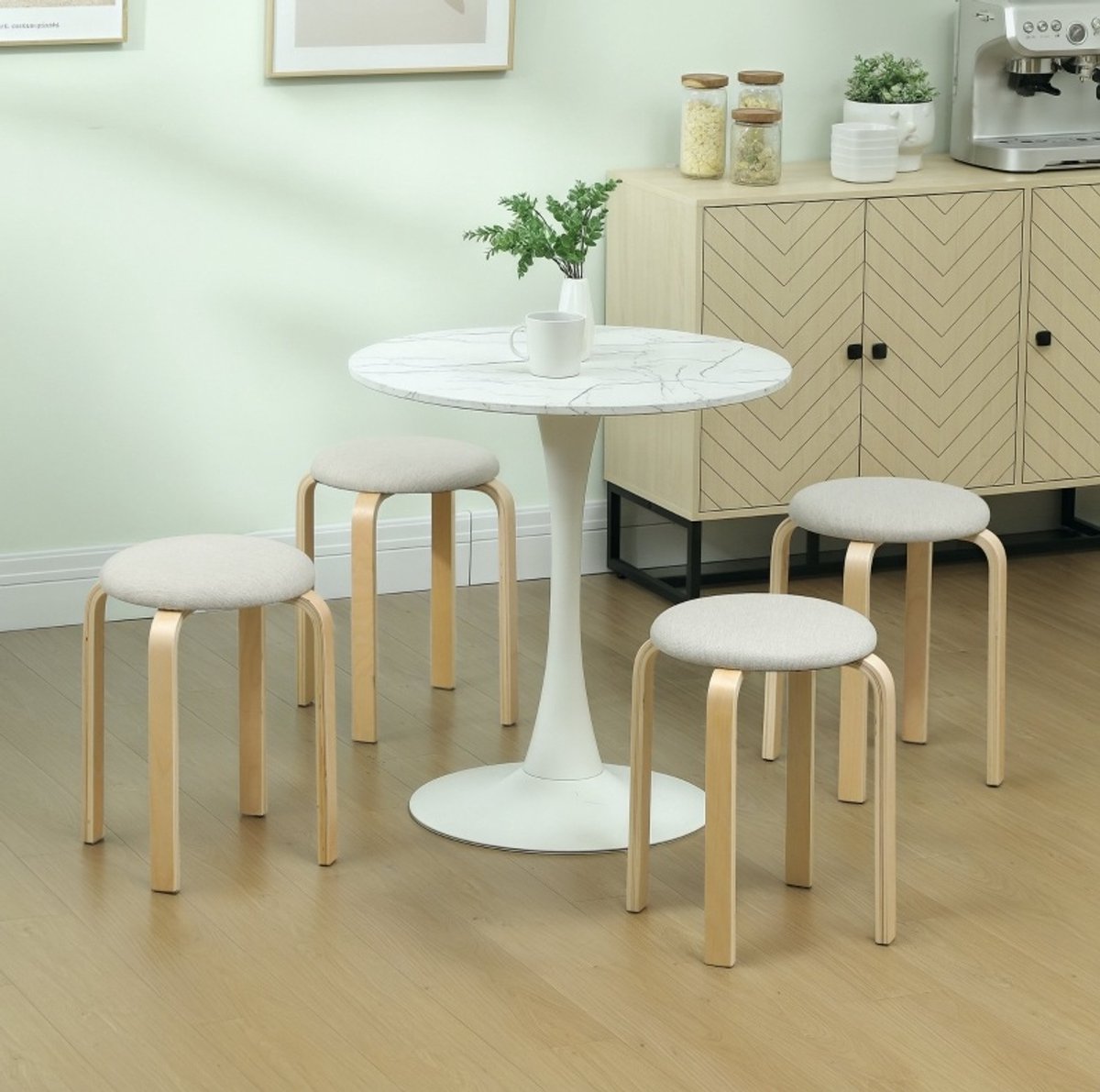 MEUNIQ Set van 4 stapelbare ronde hockers 40 x 40 x 45 cm met gestoffeerde zitting in linnenlook, houten poten, keukenhocker en eetkamerkruk voor binnen, crèmewit