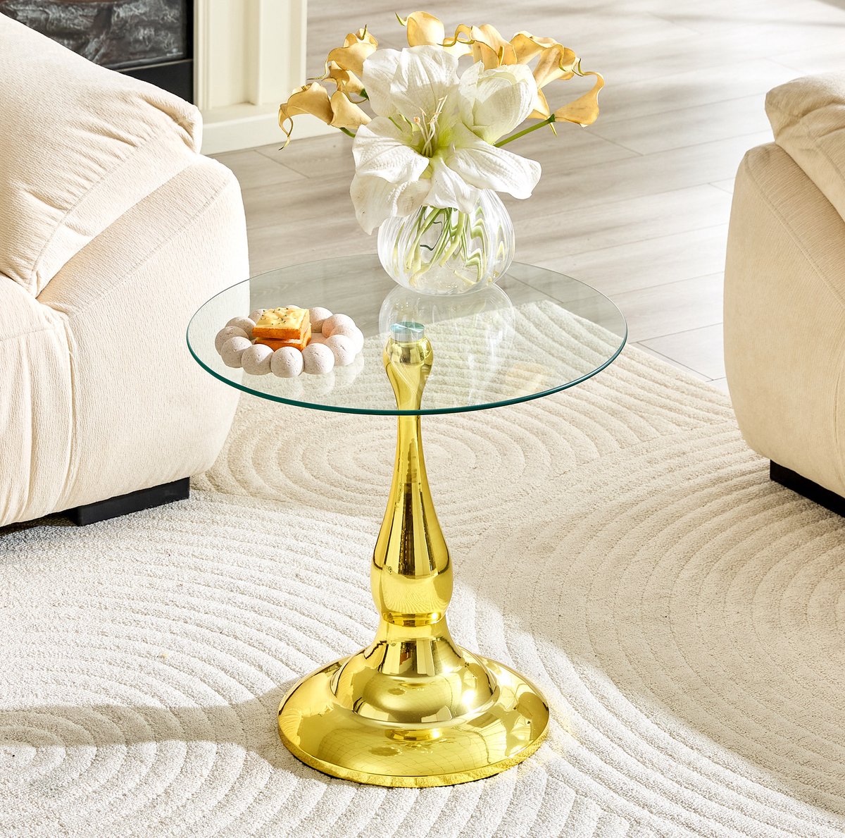 MIVRAY Bijzettafel - Ronde Glazen Tafel Met Gehard Glas En Stabiele Metalen Voet - Voor Woonkamer En Slaapkamer - Goud - 50 Cm