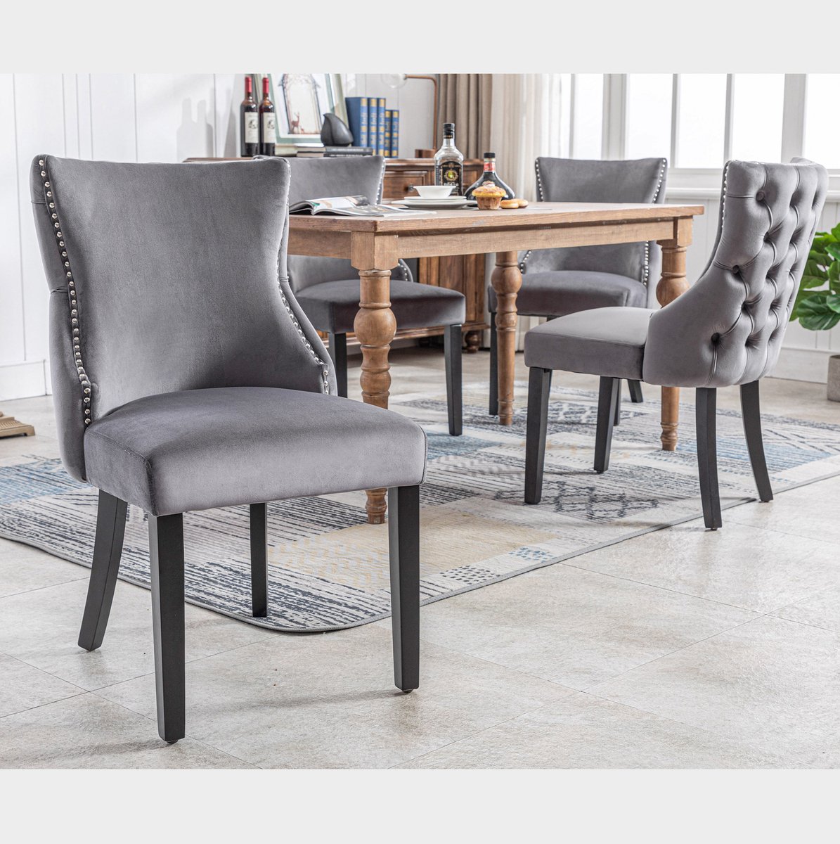 HAUSS SPOLE Eetkamerstoel - Luxe Velvet Design - Set Van 4 - Met Knopenstiksel En Gewatteerde Zitting - Voor Eetkamer En Woonkamer - Hout Grijs