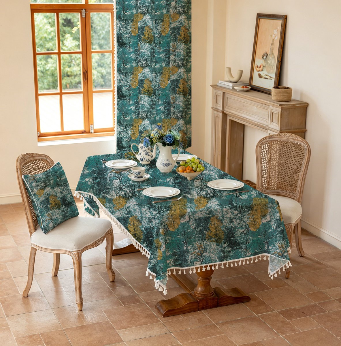 Boho-achtig vierkant tafelkleed van polyester met een print van blauwgroene bomen in het bos en kwastjes, waterdicht vintage tafelkleed met franjes in bosstijl,140x240cm