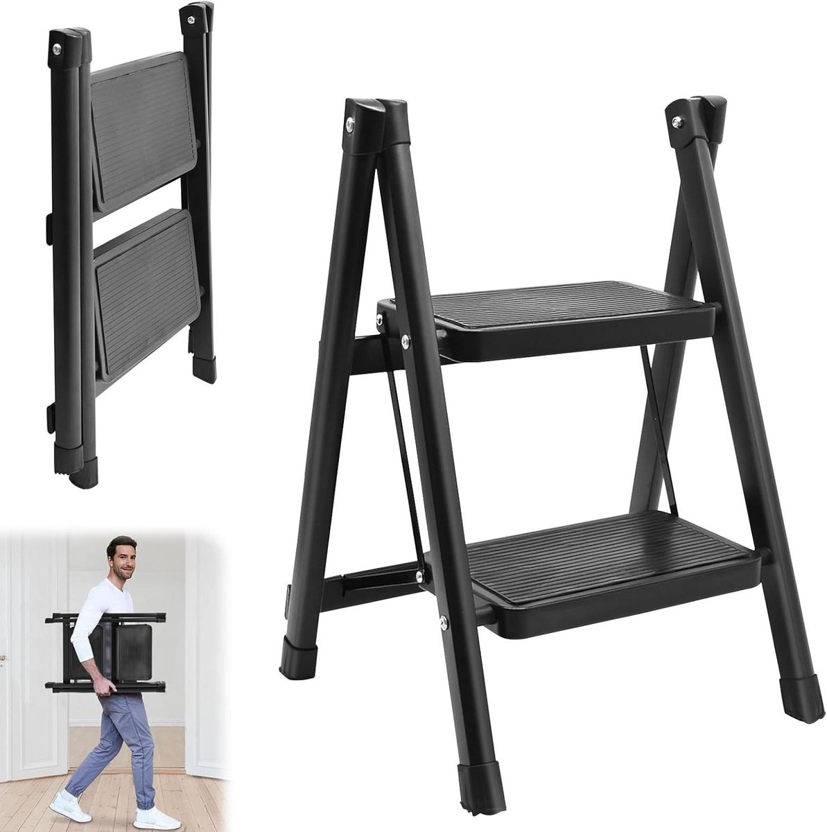 Trapladder 2 treden - Opstapkruk inklapbaar - Huishoudelijk gebruik - Anti-slip pedalen - 150 kg capaciteit - Zwart