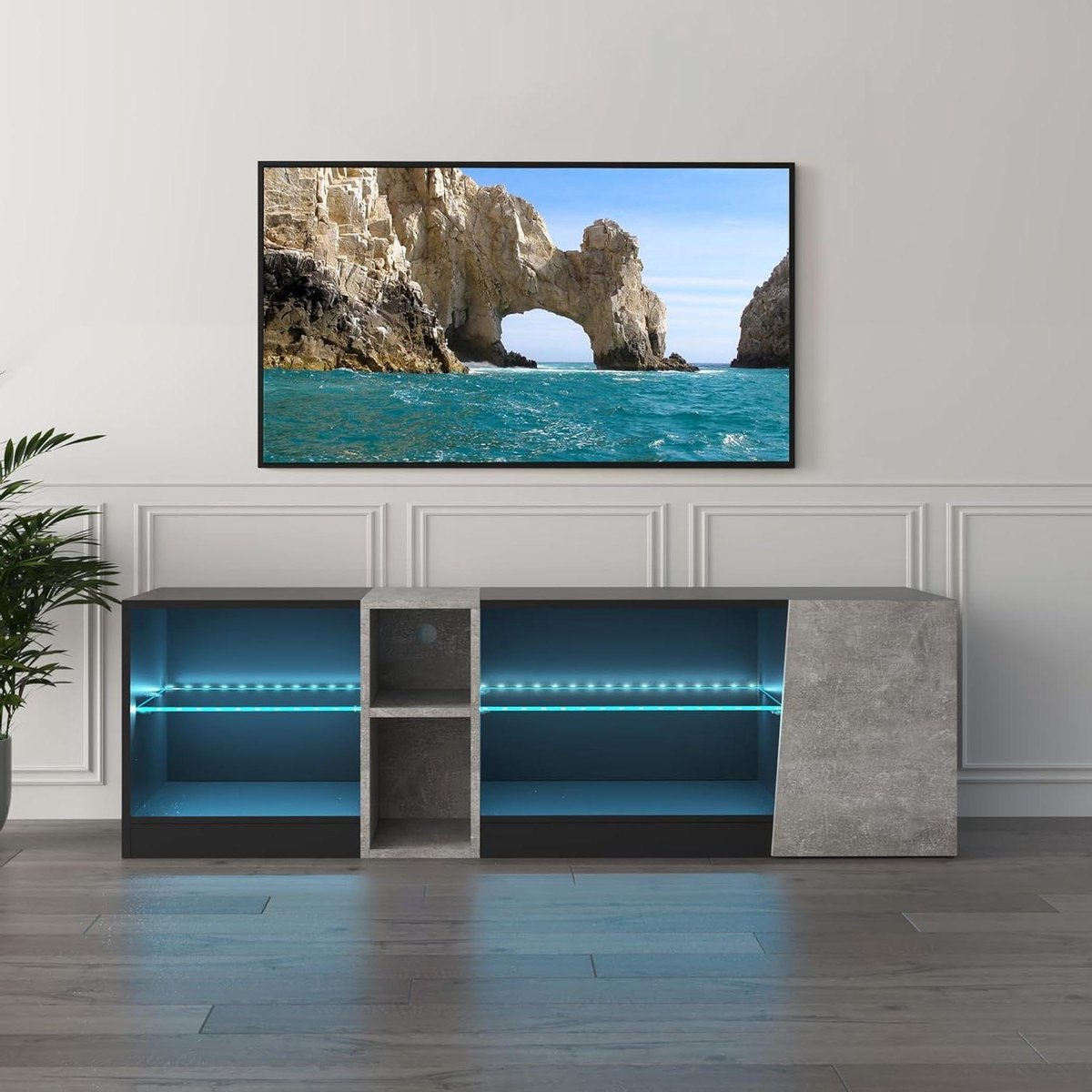 Tv-kast - Tv-meubel met opslag - Entertainment organiseren - Geïntegreerde led-verlichting - 140 cm breed - Zwart grijs