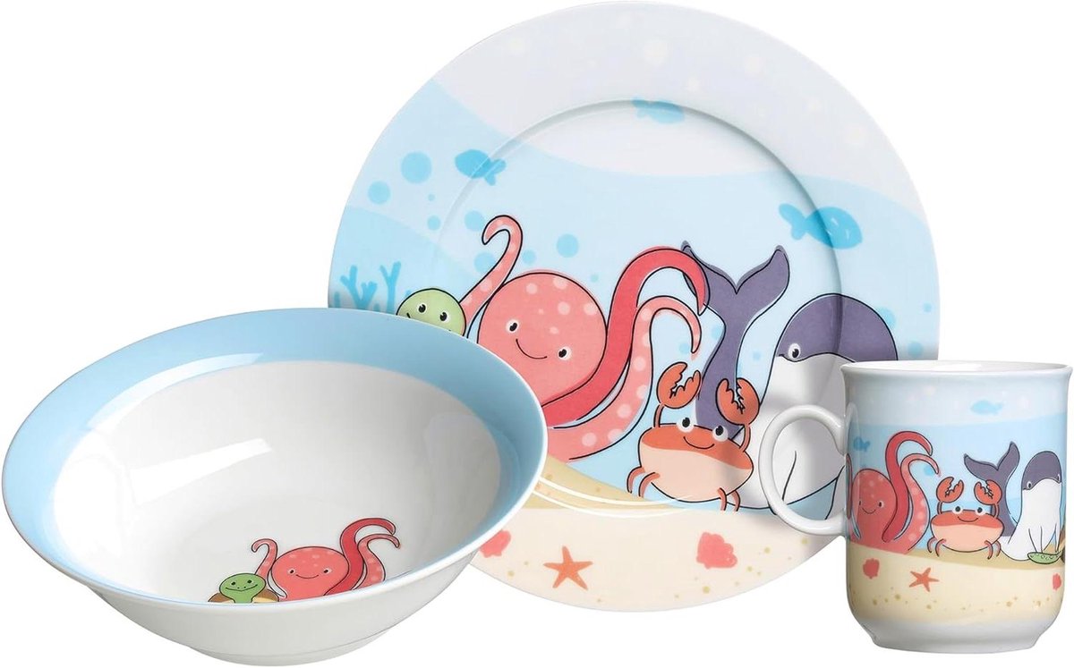 Kinderserviesset 3-delig - Porseleinen servies - Maaltijden eten - Vaatwasmachinebestendig - 270 ml 19 cm - Onderwaterwereld