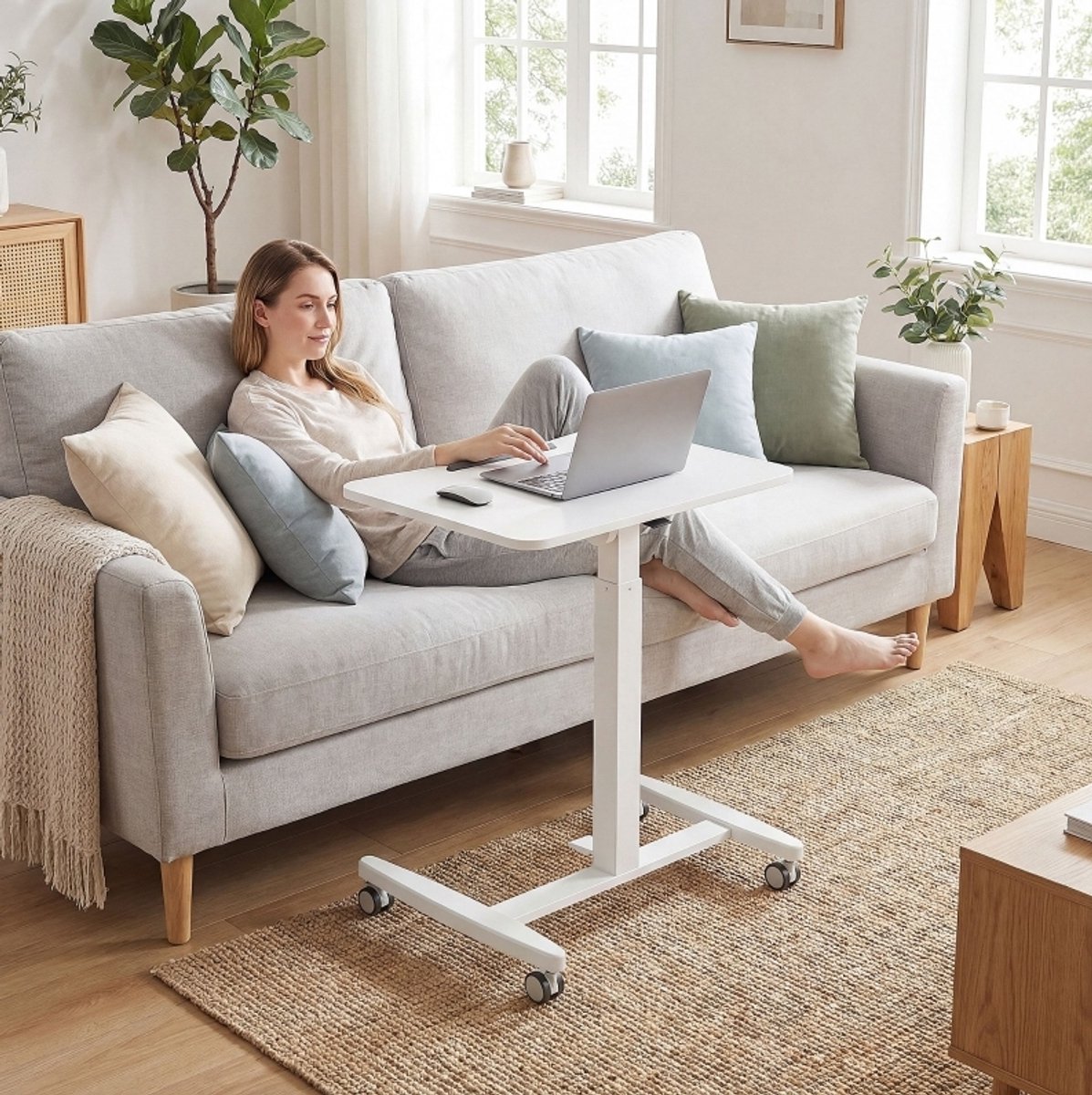 MEUNIQ hoogteverstelbaar bureau 60,5 x 52 x 75-114 cm met kantelbaar tafelblad, wielen en veiligheidsstopper, sta-bureau voor thuiskantoor of werkkamer, wit