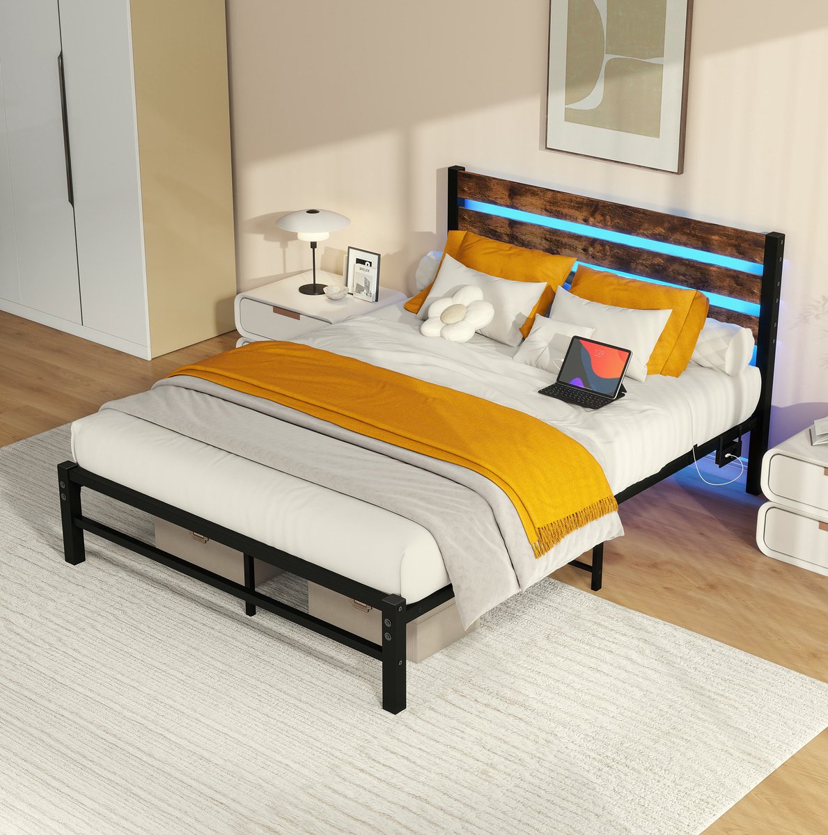 MIVRAY Normaal Bed 140x200 cm - Tweepersoonsbed Met Ledverlichting, Usb Oplaadpunt En Hoofdbord - Zonder Matras - Metaal En MDF - Antiekbruin Zwart