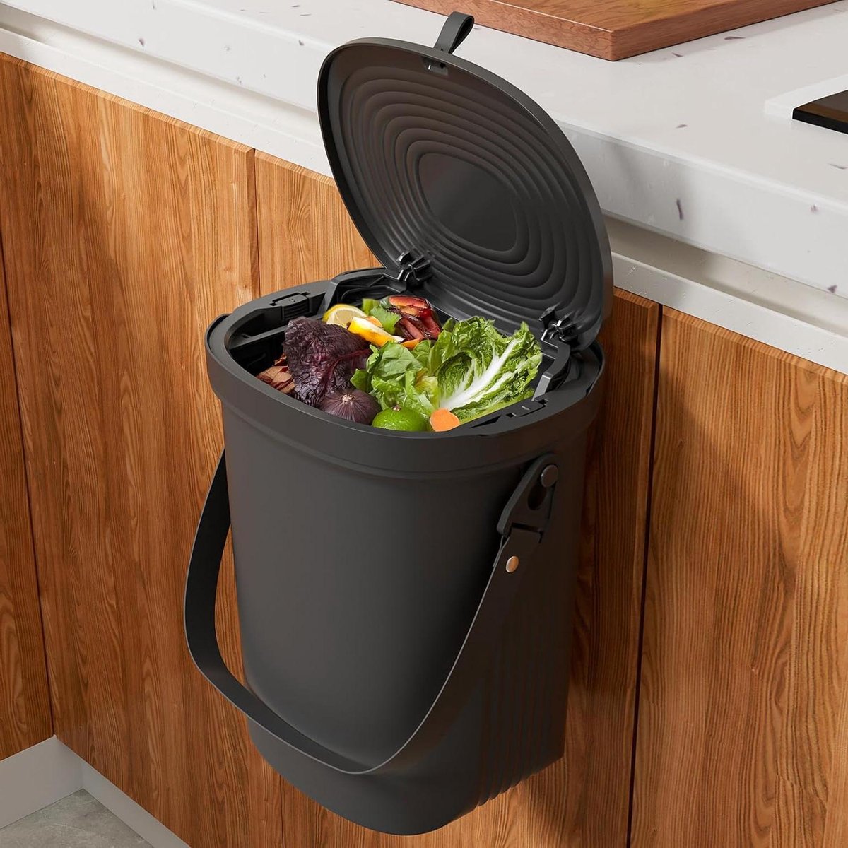 Keukencompostbak - Hangende vuilnisbak - Afval scheiden - Geurbestrijdend deksel - 2 gallon capaciteit - Zwart