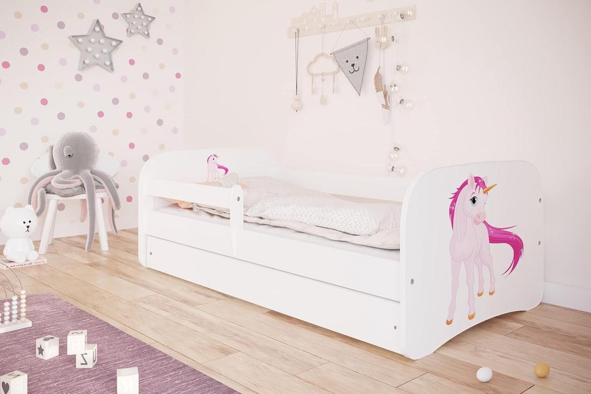 Kinderbed met valbeveiliging - Jongensmeisjesbed - Veilig slapen - Inclusief matras lade - 70x140 cm - Wit