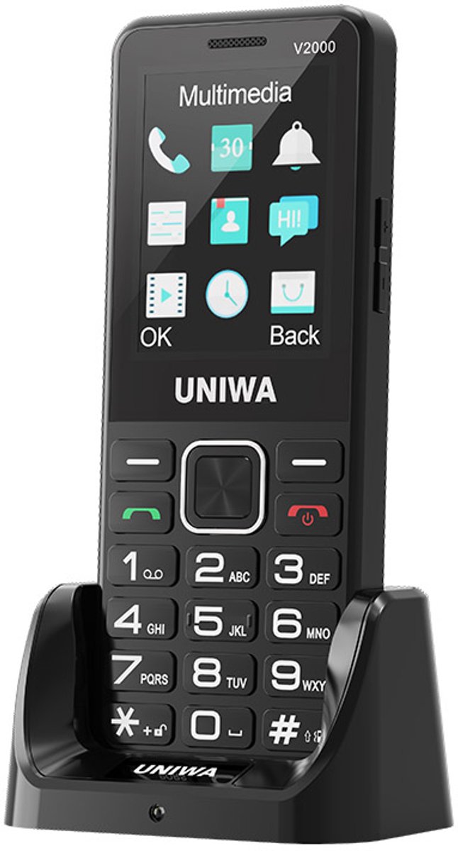 Uniwa V2000 senioren telefoon 4G - Batterij – Bluetooth 5.0 - Camera - Senioren mobiel - Senioren gsm - Met SOS noodknop - Grote toetsen - Grotere iconen - 4G SIM - Docking Station - Luid geluid - FM-Radio -Zaklamp – Usb C