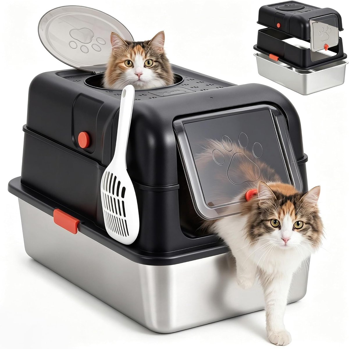 Grote roestvrijstalen kattenbak met deksel – XL gesloten metalen kattenbak – hoge randen, lekvrij – inclusief schepje, geschikt voor grote katten en huishoudens met meerdere katten – zwart