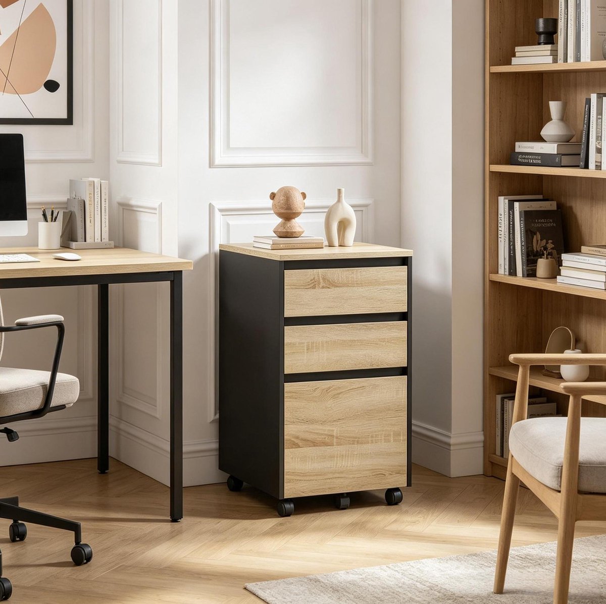 MIVRAY Archiefkast - Mobiele Opbergkast Met Wielen En Laden - Voor Kantoor Slaapkamer Of Naast Bureau - Houtlook - 40x40x70 Cm