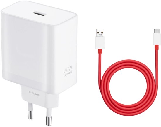 Chargeur blanc 80W SUPERVOOC avec un câble USB-A vers USB-C rouge enroulé.