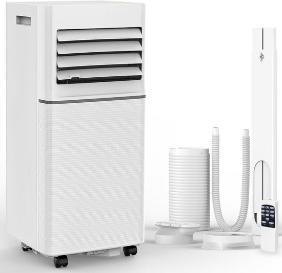 Witte mobiele airco met lamellen, slang, raampanelen en afstandsbediening, op wieltjes.