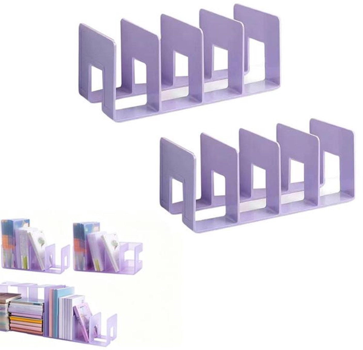 KZQ 2 boekenplanken - Acryl boekenplanken - Bureau-organizer - 4-vaks plastic verborgen boekenplank - 26×12×10,5 cm - Paars