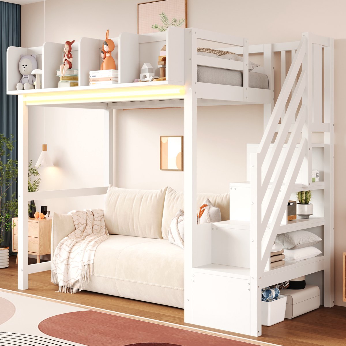 OKWISH Hoogslaper 90x200 cm - Met Ledverlichting en Veiligheidshek - Met Opbergruimte en Ladder - Kinderkamer - Hout - Wit - Zonder Matras