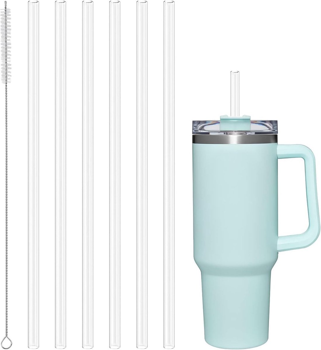6 Stuks Plastic Vervangbare Rietjes voor 40 Oz en 30 Oz Bekers - Herbruikbare Doorzichtige Rietjes Geschikt voor Avontuurlijke Reizen - Inclusief Schoonmaakborstel en Duurzaam Ontwerp