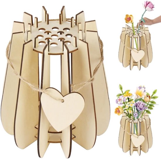 Creatieve Houten Vaasje Puzzel voor Bloemen, 3D Decoratie voor Boeketten en Bloemstukken, Ideaal voor Lego Rozen en Tulpen