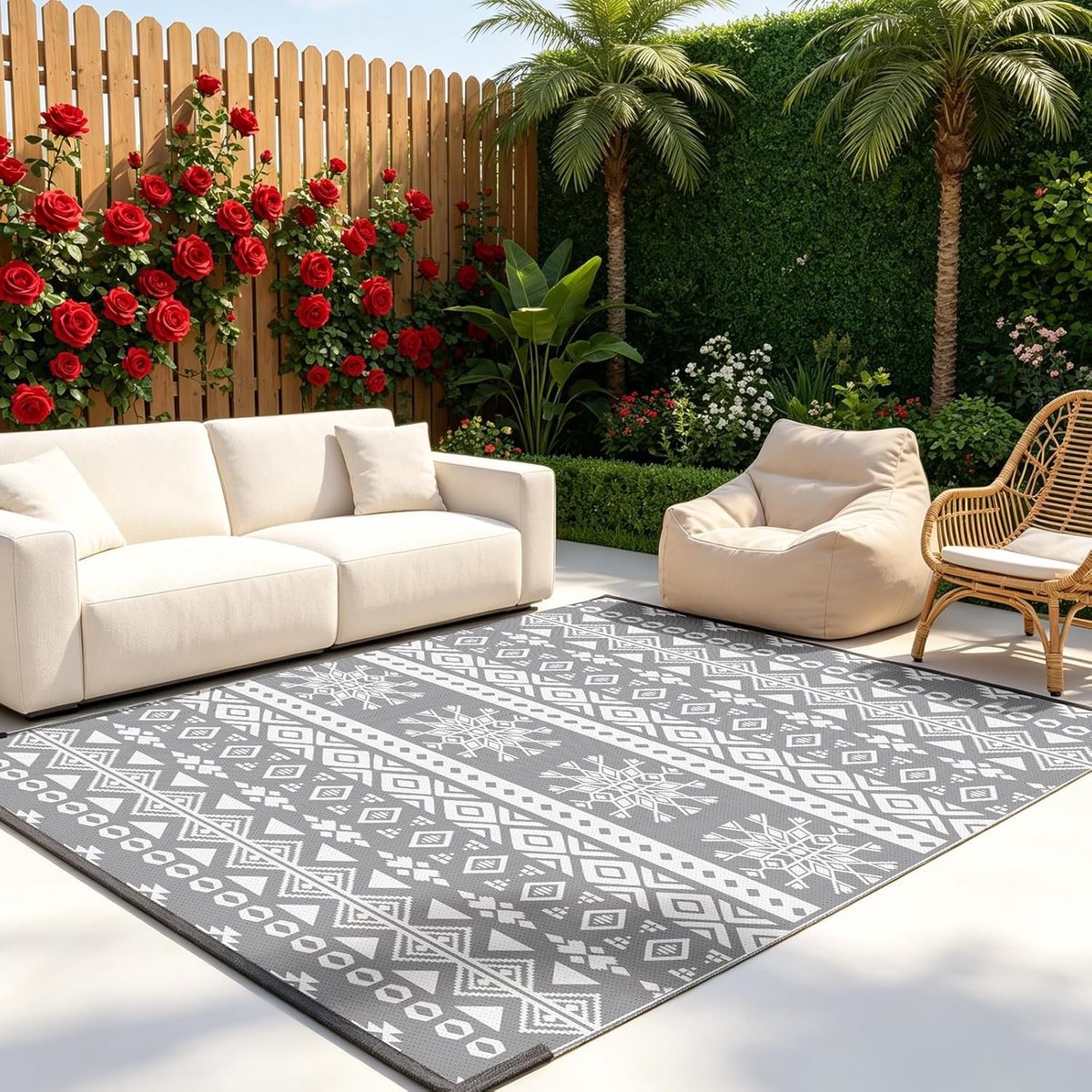 Buitentapijt 150 x 240 cm, opvouwbaar en wasbaar, UV-bestendig en omkeerbaar, ideaal voor picknicks, terras en tuin met boho-patroon in grijs-wit
