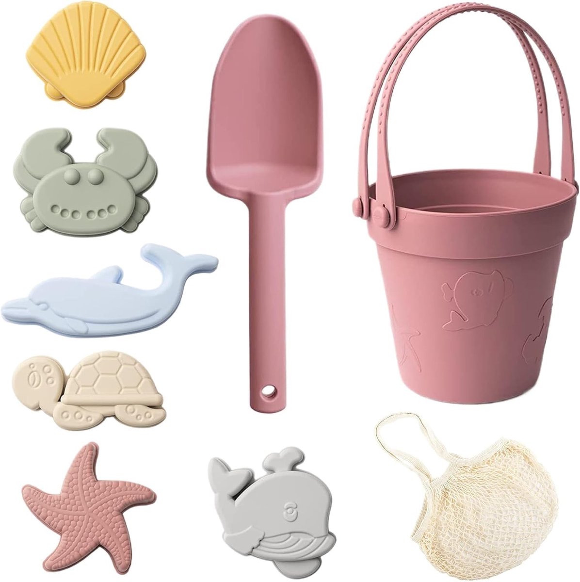 Zand speelset voor kinderen, 8-delige strand speelgoed met emmer, tas, schep en 6 zandvormpjes voor zomers plezier