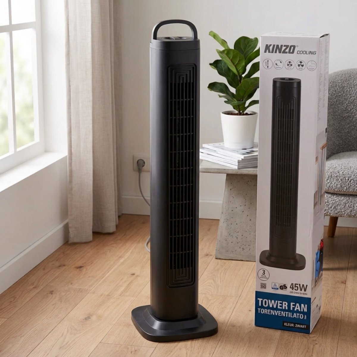 Kinzo® Toren Ventilator 82CM | 3 Snelheden | Oscillerend - Krachtig en stil | Staand Torenventilator - Zwart