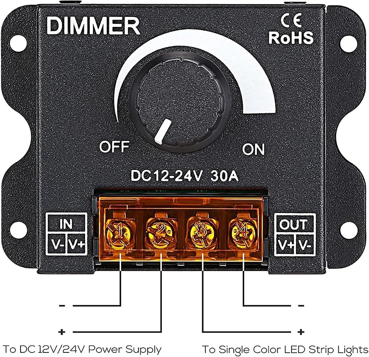 Thijox - 12V/24V DC 30A LED PWM Dimmer Controller met Metalen Behuizing voor Monochrome 5050 3538 5630 LED Strips - AAN/UIT Schakelaar voor Tuin, Keuk