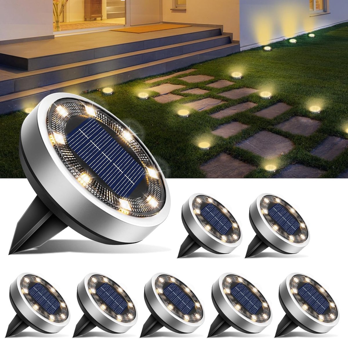 Thijox - 8 Stuks Zonnegrondverlichting Buiten LED, IP65 Waterbestendig Platte Zonneschijflamp voor Tuin, Gazon, Terras, Tuinpad en Landschap, Warm Wit