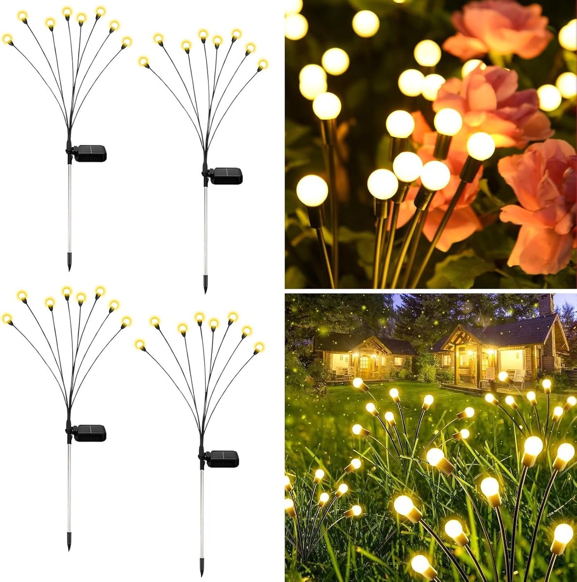 SnelShoppen - Zonne-verlichting Buiten Tuin 4 Stuks - 8 LED Vuurvliegjes - IP65 Waterdicht - Zonnelampen voor Tuin, Pad en Terras - Eenvoudige Install
