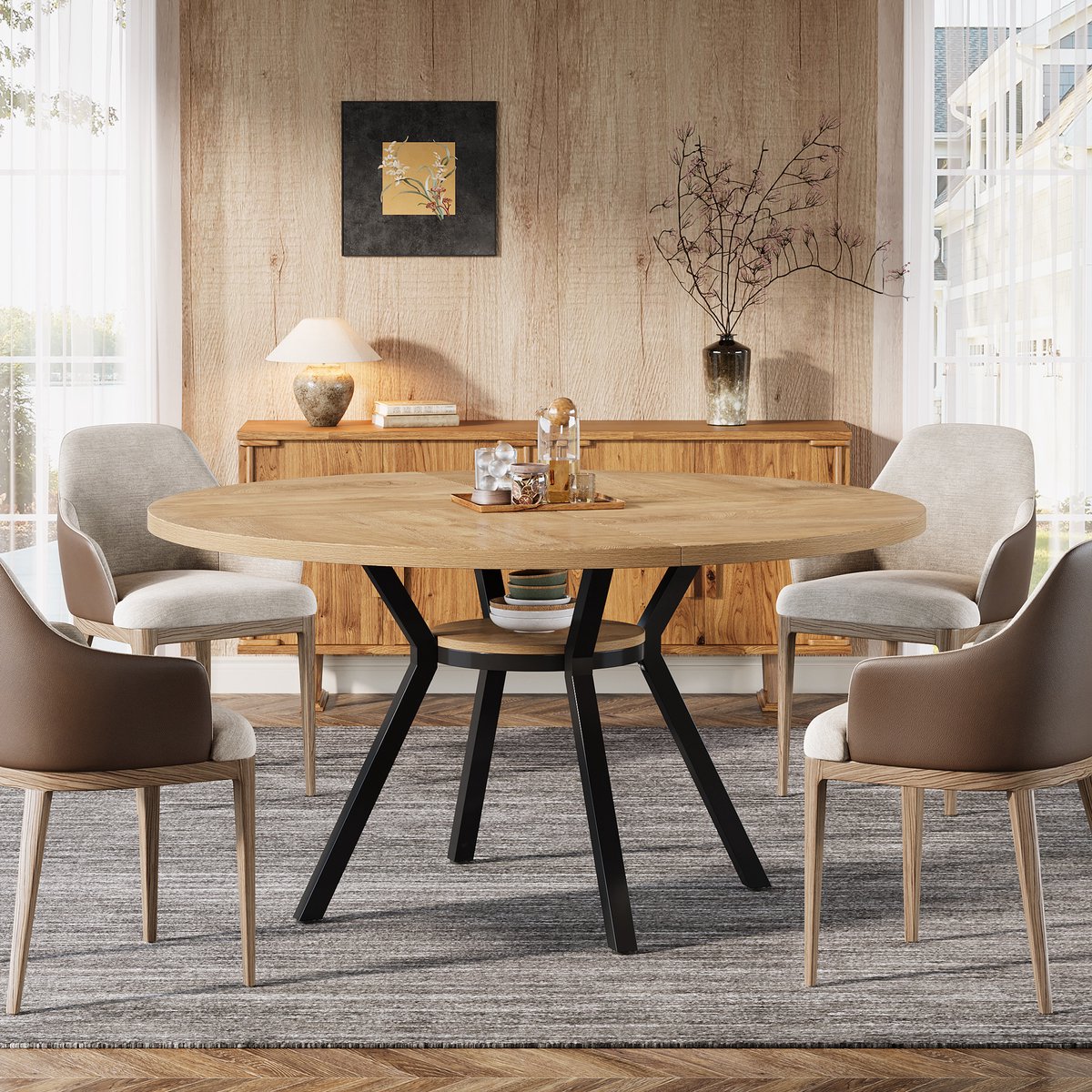 LITTLE TREE Ronde Eettafel - 120 x 120 x 75 Cm - Modern Keukentafel - Voor 4 Personen - BruinZwart