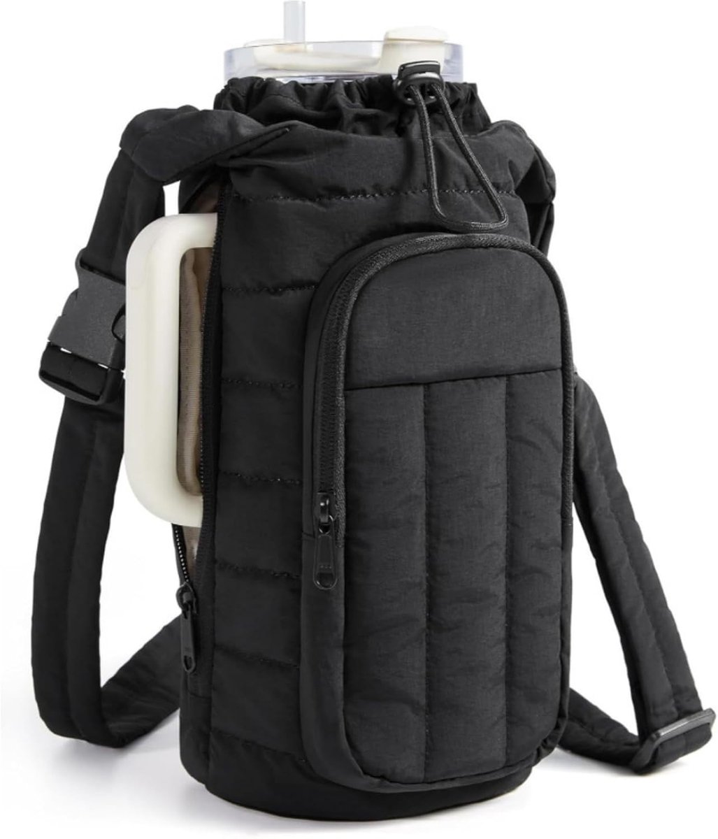 KZQ Gewatteerde Drinkfleshouder met Band, Crossbody Tas voor 40oz Waterfles, Handige Accessoire voor Fitness en Sport, Zwart