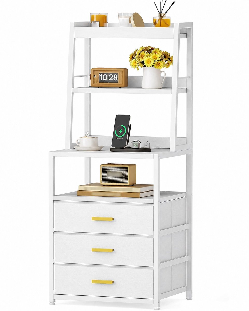 Home & Beyond® Nachtkastje met Lades, Stopcontacten en USB - Slim Bedkastje met Oplaadpunt - Wit - 40 x 35 x 105 cm
