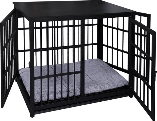 Zwarte hondenbench met openklapbare zijdeuren en een grijze mat.