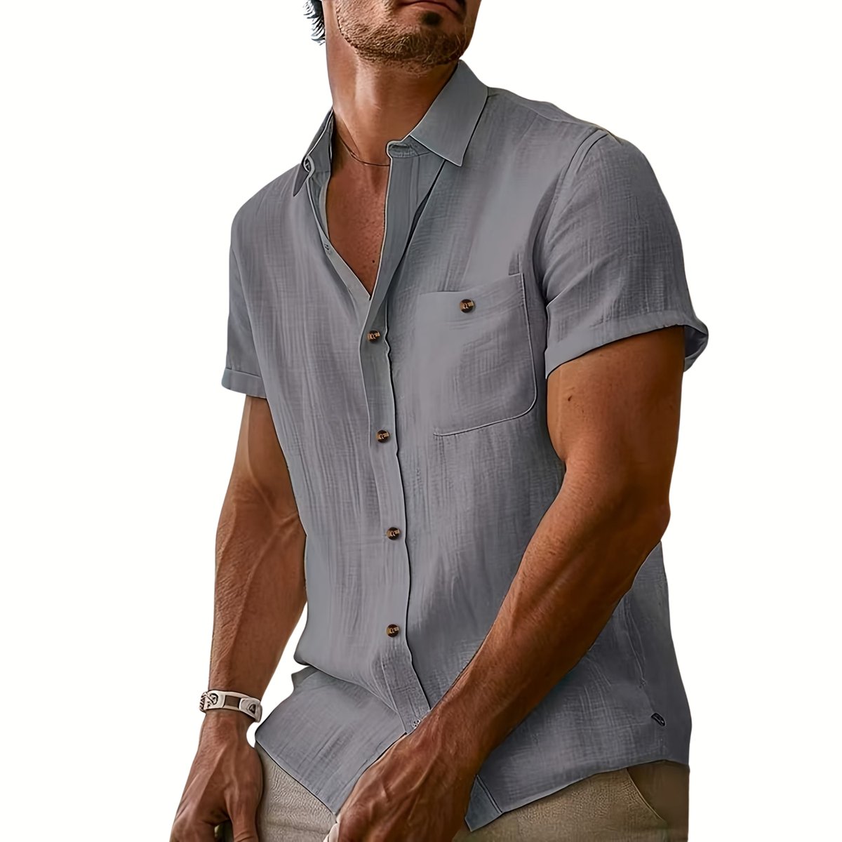 Currero Linnen Blouse Heren T Shirt Polo Overhemd Shirt Zomer Ibiza Stijl Zilvergrijs