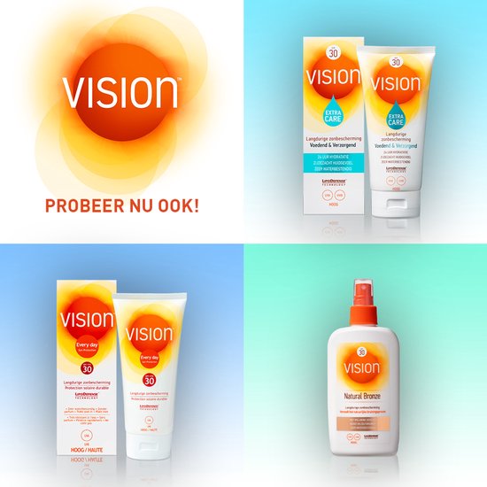 Collage met Vision Sensitive++ Expert en Natural Bronze zonnebrandproducten.