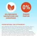 Iconen met tekst: zelfbruiners van natuurlijke oorsprong, 0% zonder parfum. Ingrediëntenlijst voor Vision Natural Tan Lotion.