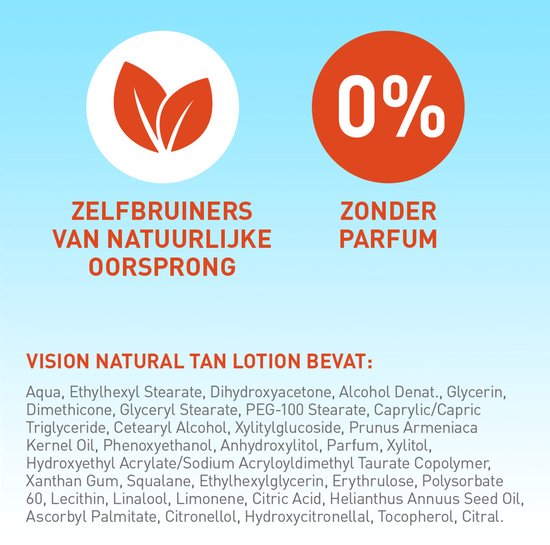 Iconen met tekst: zelfbruiners van natuurlijke oorsprong, 0% zonder parfum. Ingrediëntenlijst voor Vision Natural Tan Lotion.