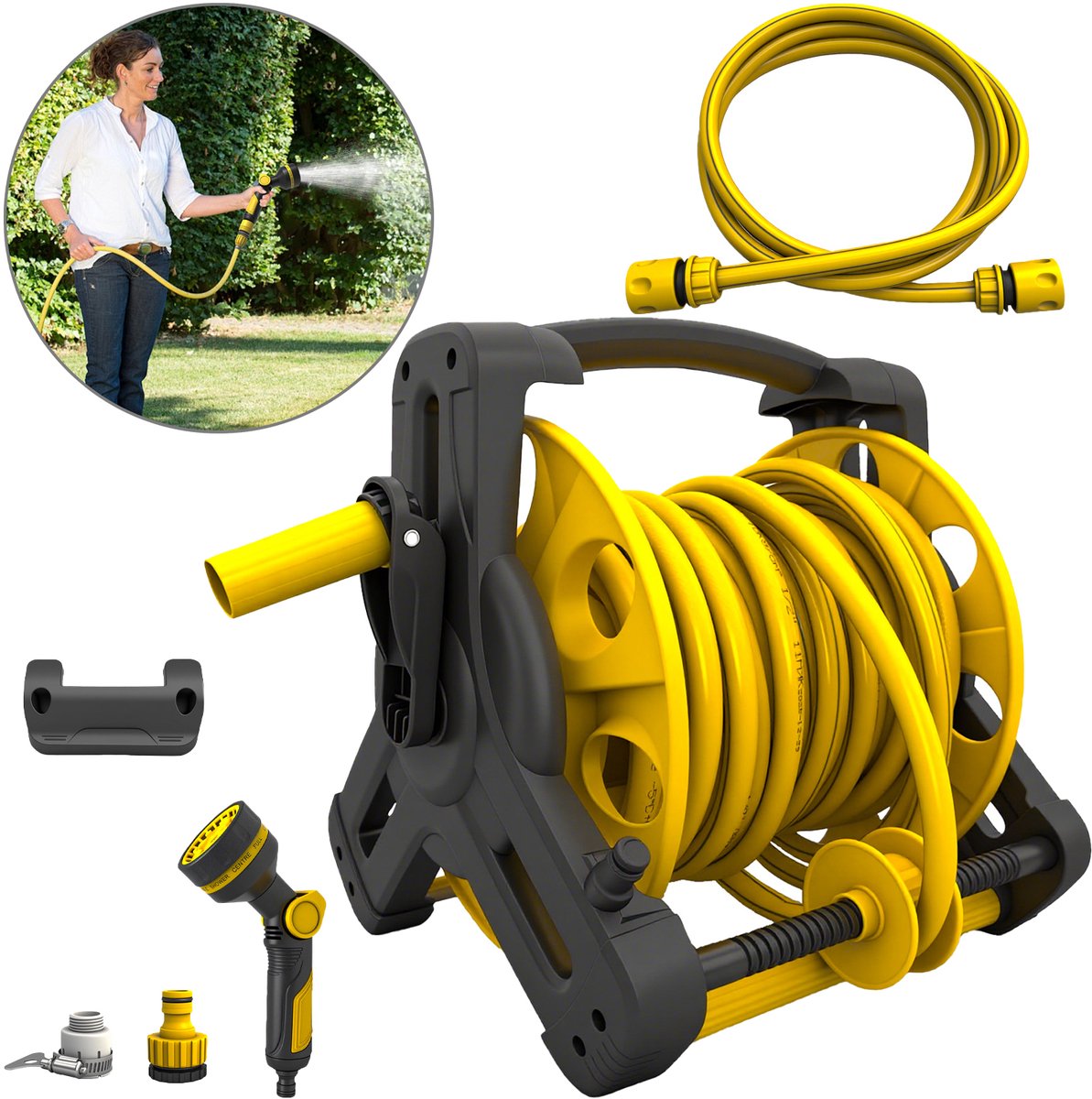 Slanghaspel compleet‑set met 15‑m en 2‑m vorstbestendige tuinslang, spuitpistool, kraanadapter en snelkoppelingen voor tuinonderhoud
