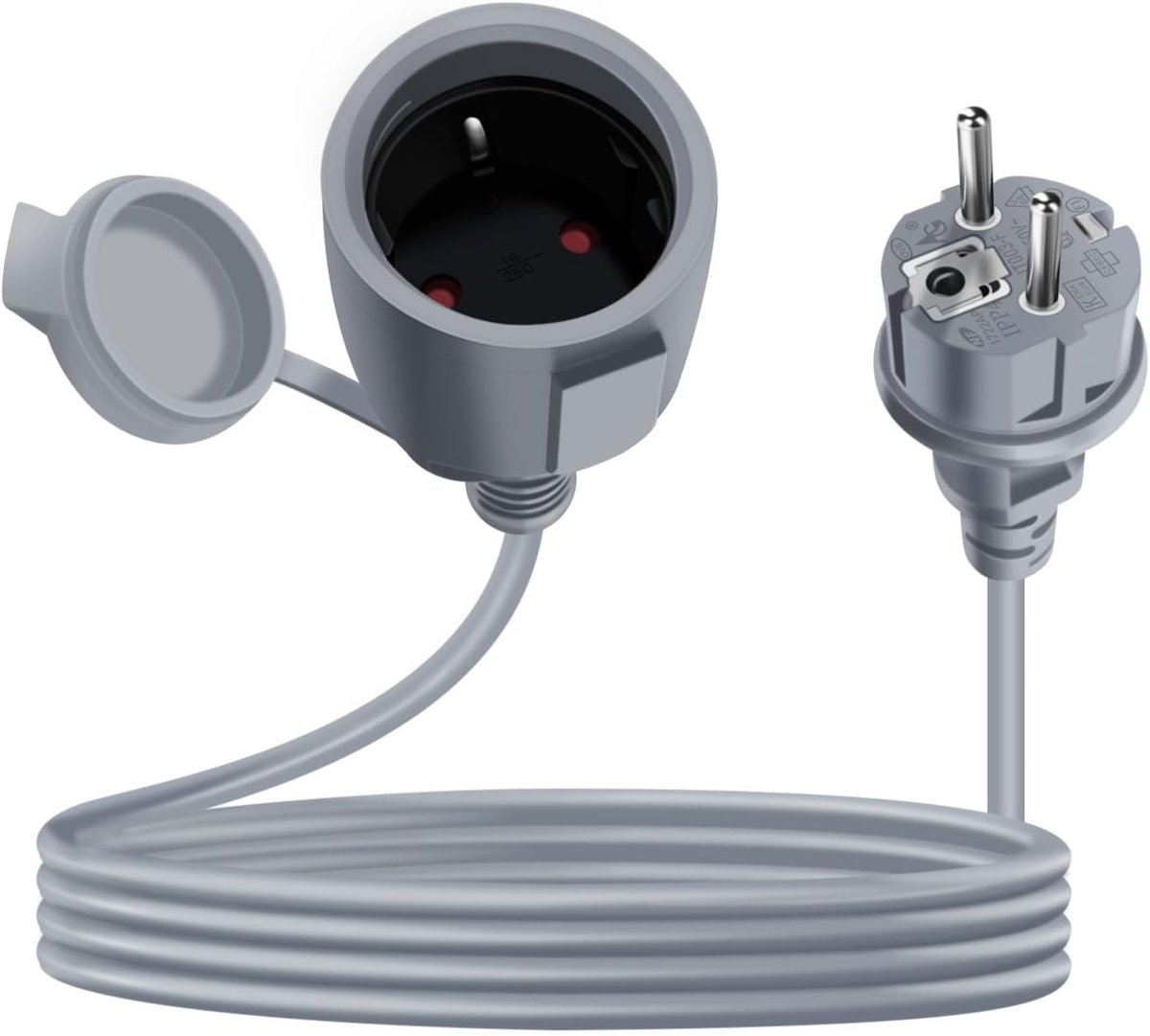 Korte Verlengkabel met Randaarde (Schuko) - IP44 Spatwaterdicht - 2 Meter Grijs
