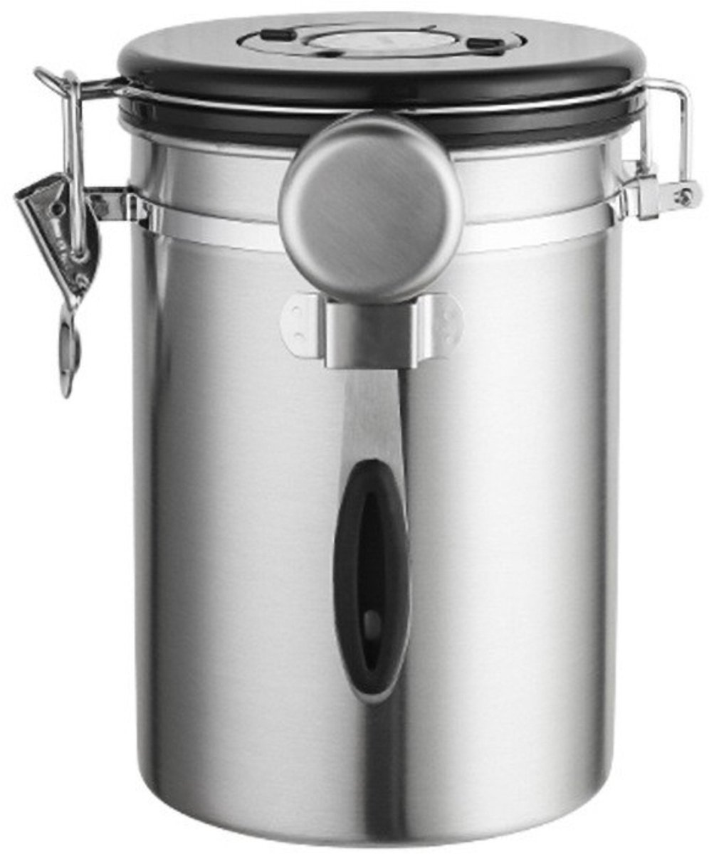 Koffiebewaarpot - Afgesloten pot met venster + oordopje + lepel + 6 afsluitdoppen - Behoudt versheid en aroma - Afgesloten pot - Geschikt voor koffie, koffiebonen, thee, suiker, etc. - 1,8 liter - Roestvrij staal - Grijs